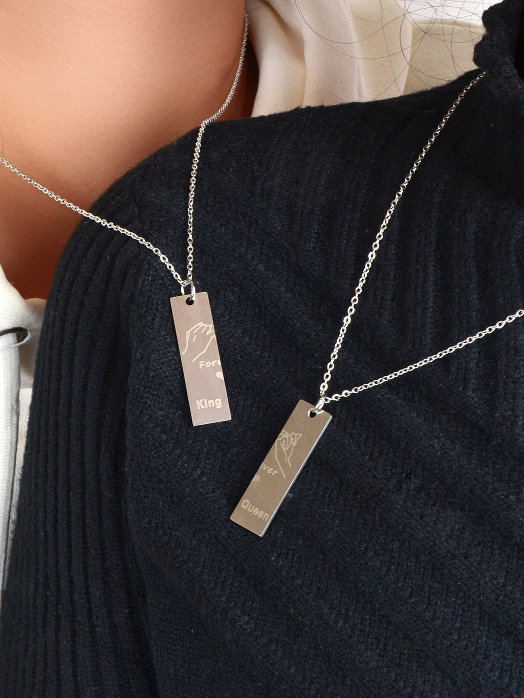 2 pcs Love Heart King Queen Square Pendant Couple Lover Matching Necklaces Gift-3