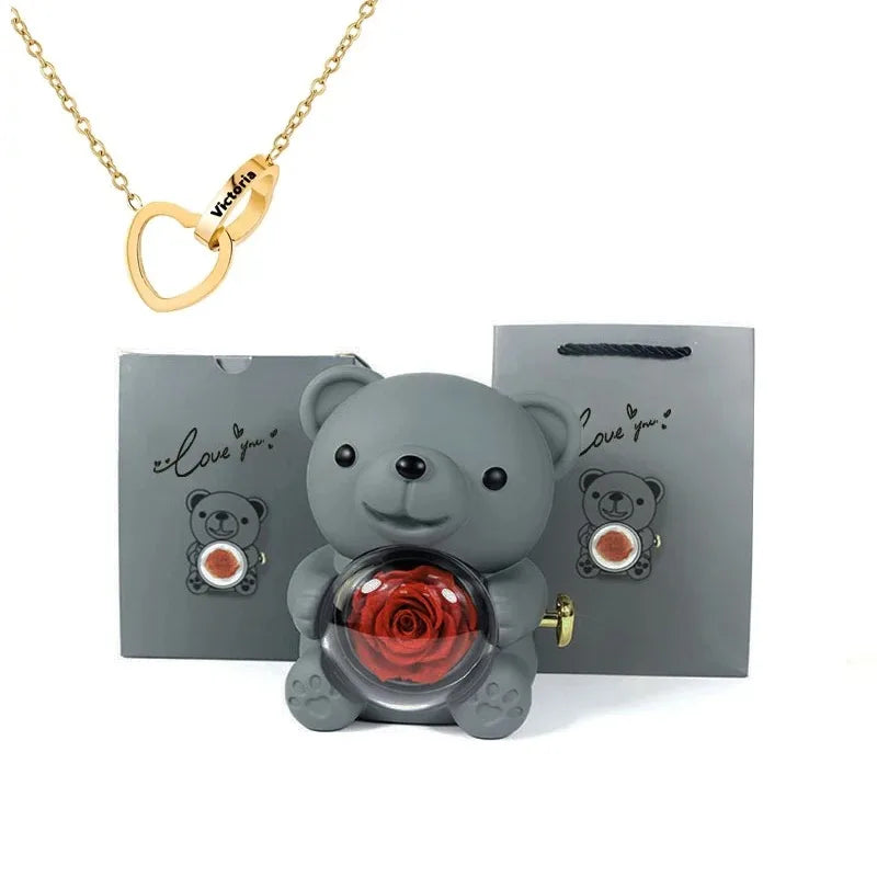 Eternal Rose Teddy Bear Gift Box with Necklace (Gray Rose gold)-0