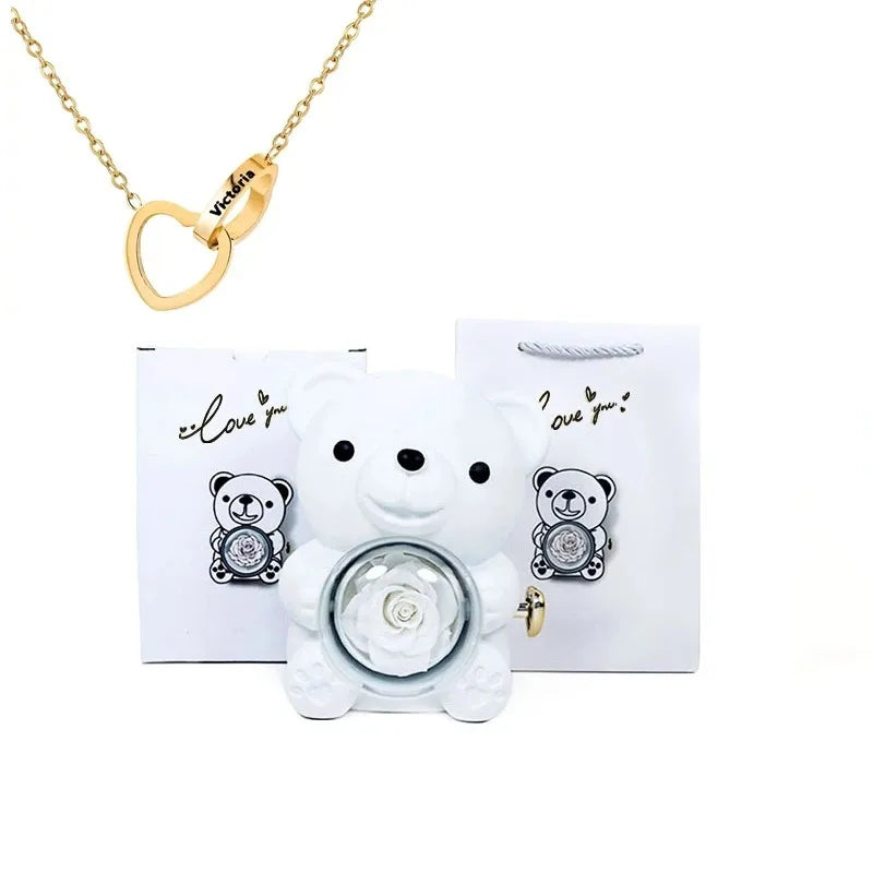 Eternal Rose Teddy Bear Gift Box with Necklace (White Gold)-0