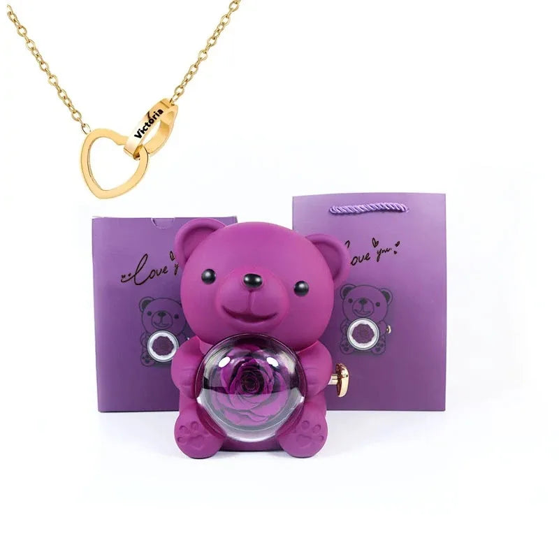 Eternal Rose Teddy Bear Gift Box with Necklace (Purple Rose gold)-0