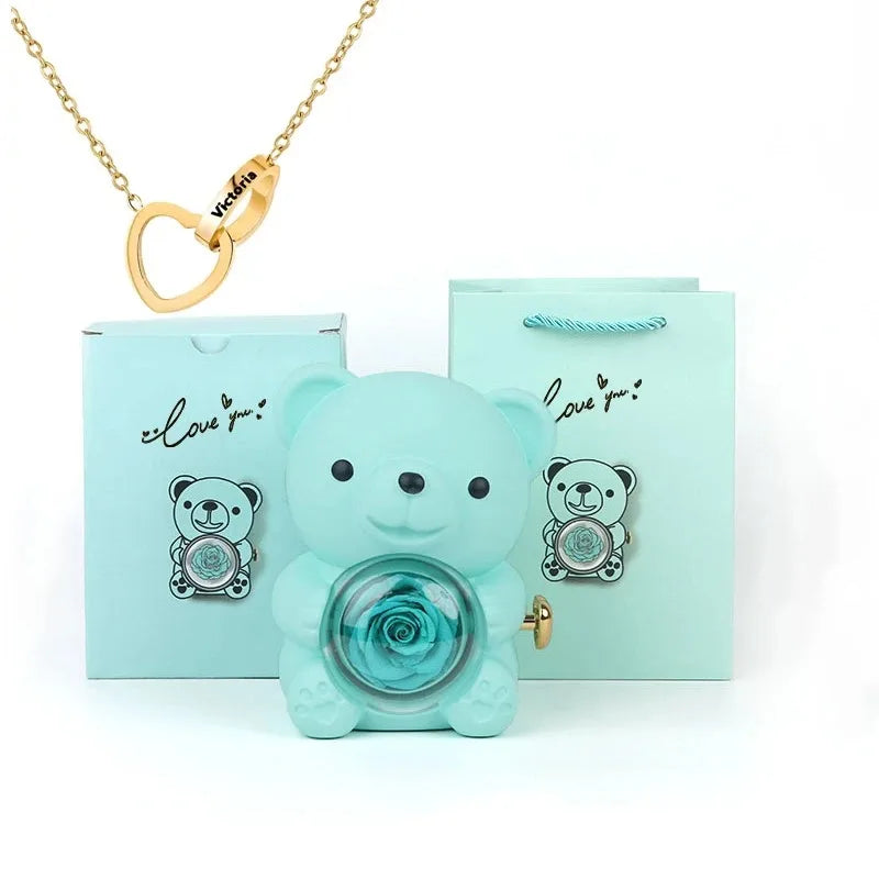 Eternal Rose Teddy Bear Gift Box with Necklace (Green Gold)-0