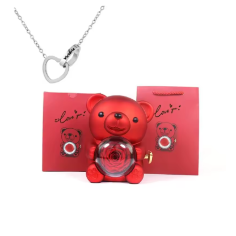 Eternal Rose Teddy Bear Gift Box with Necklace (Red Silver)-0